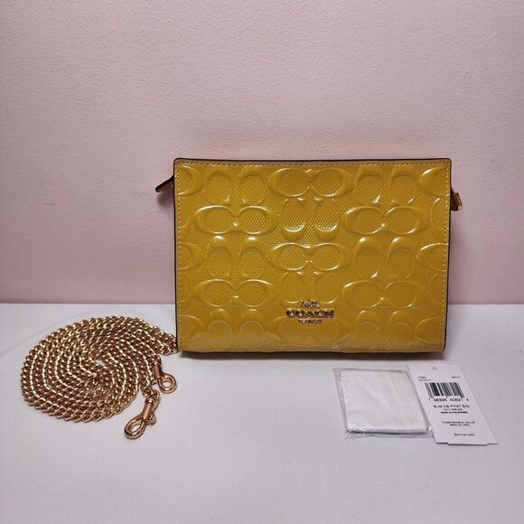 NWT COACH CT869 Slim Crossbody Signature Patent Leather Yellow Gold - Picture 1 of 5